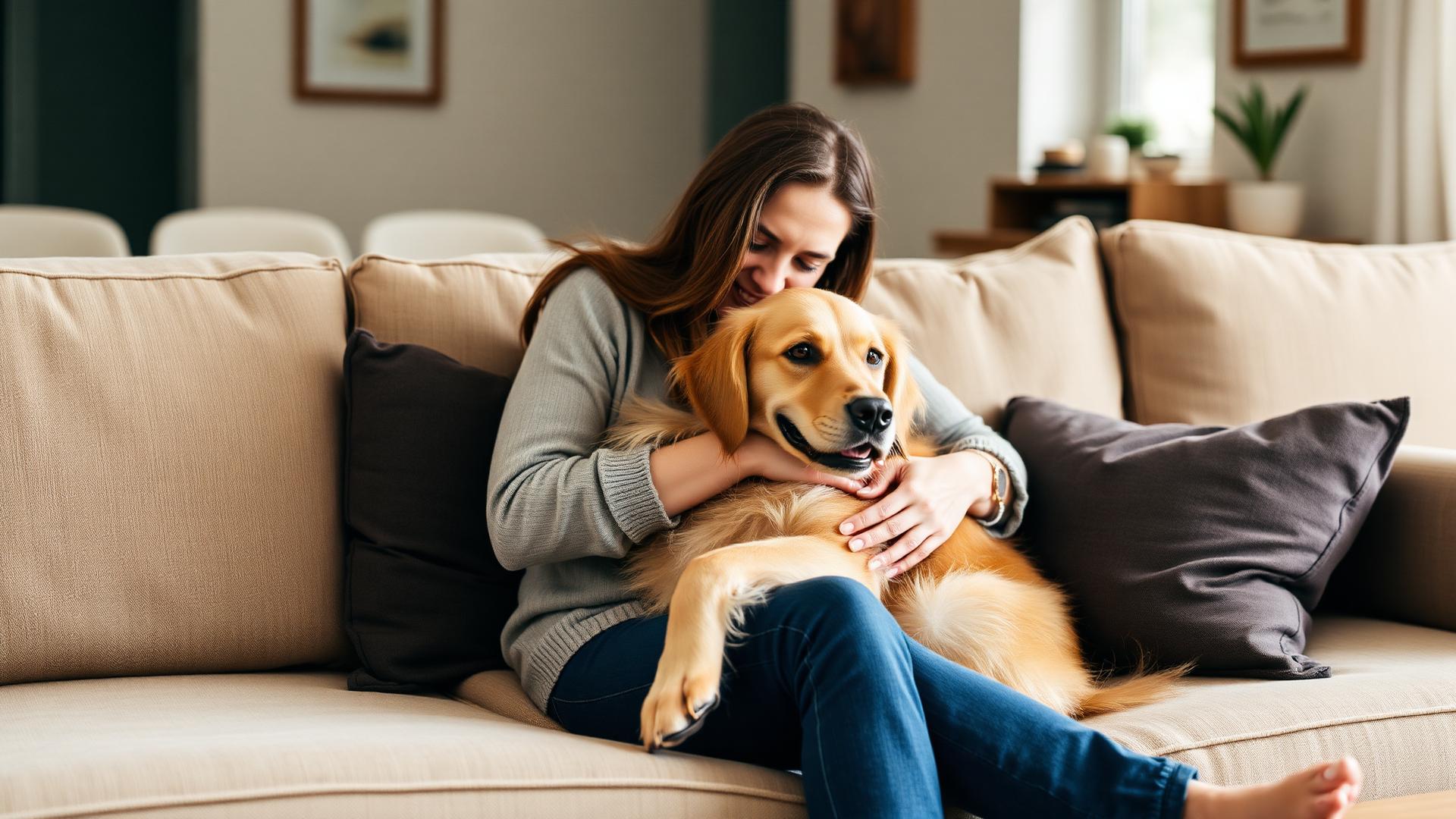 A woman hugging her golden retriever on the sofa