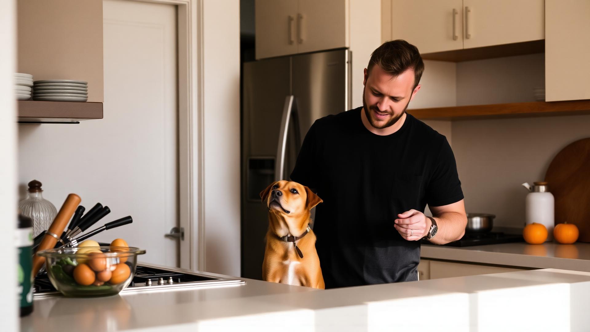 A man preparing food while his dog watches attentively