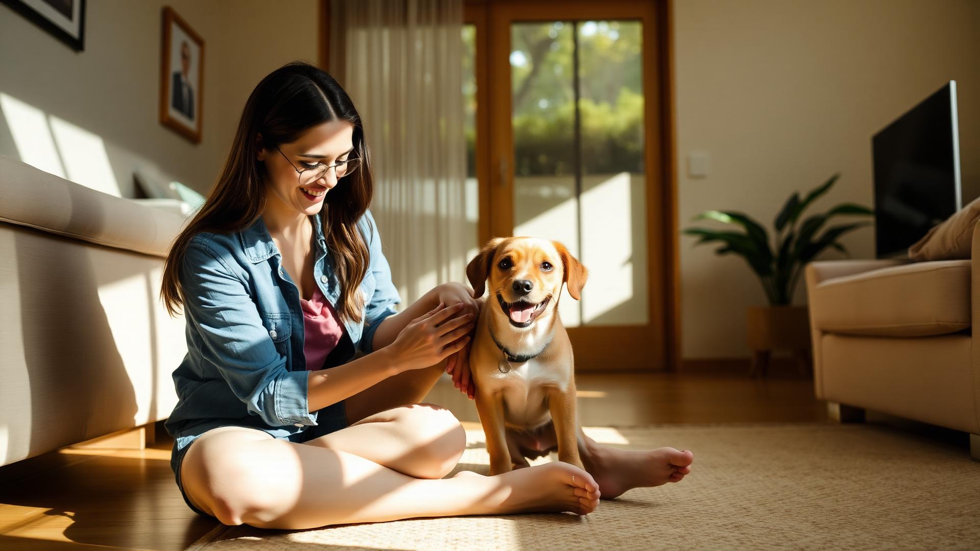 A young woman petting her small dog in a sunlit living room