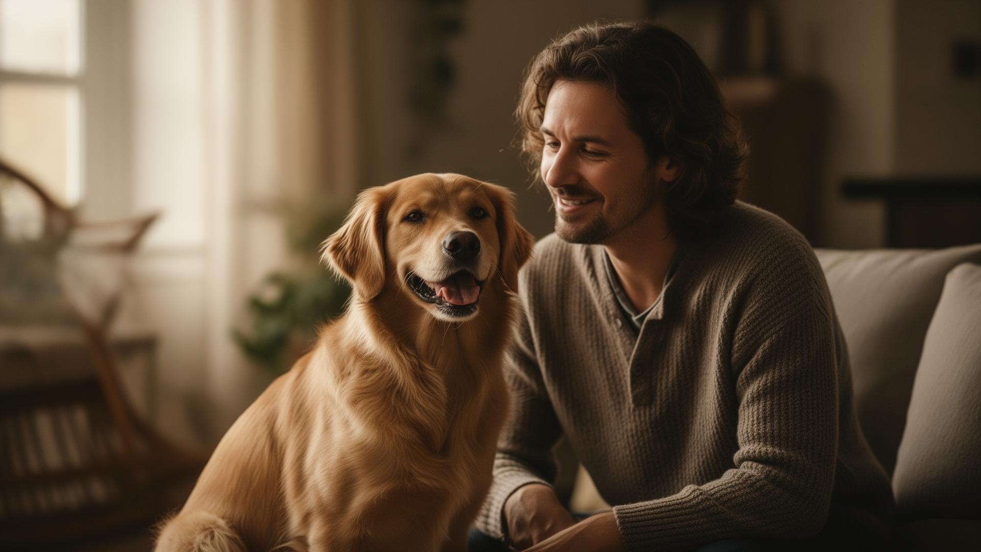A person sitting with their happy dog at home